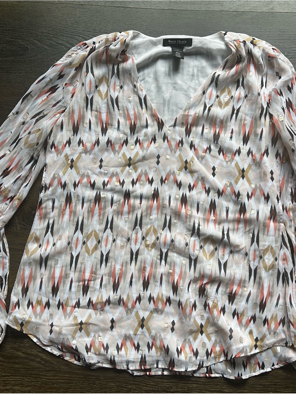 Ann Taylor White Geometric V-Neck Blouse with Pink and Tan Accents